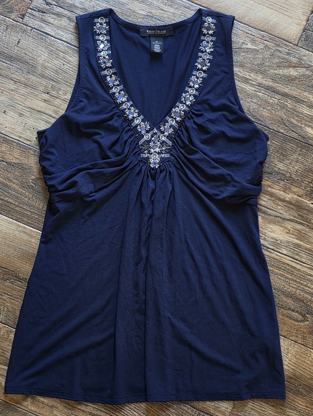 White House Black Market Blue Beaded V-Neck Sleeveless Tank Top Size S